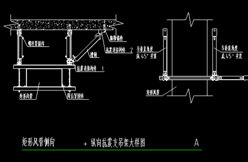 矩形风管侧向,纵向抗震支撑安装示意图